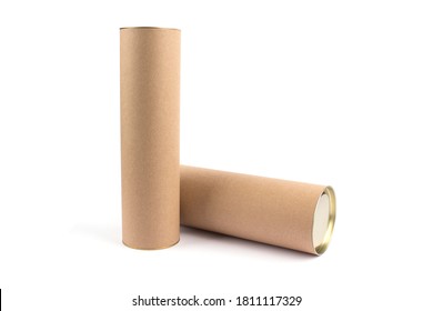 Two biodegradable recyclable paper tube with metal plug end, made of kraft paper or cardboard. Isolated on white, mockup. Eco packaging and sustainable production concept