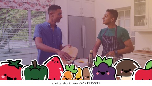 Two biracial men cooking together, one cutting vegetables. Wearing apron, other holding pot, both sharing a moment - Powered by Shutterstock