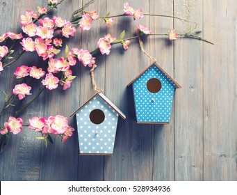 two birdhouses hang on spring tree flowers with antique rustic wood background. - Powered by Shutterstock