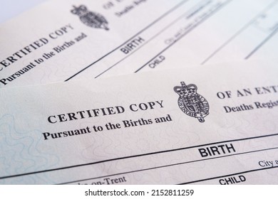 Two Birth Certificates Released By HM Passport Office In 2021. Selective Focus. Stoke-on-Trent, United Kingdom, April 13, 2022.