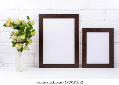 Zwei schwarz-braune Rahmen verzieren den weißen Spinnstoffzweig in der Vase. Leeres Plakatbild für Präsentationsdesign. Vorlagenrahmen für moderne Kunst.