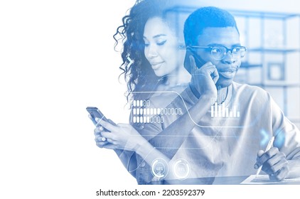 Two black business people silhouette working together, calling and typing on the phone, take notes. Big business data, statistics and diagrams. Concept of research. Copy space - Powered by Shutterstock