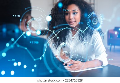Two black businessman and businesswoman working together, take note. Digital big business data diagrams and statistics, double exposure. Concept of teamwork and analysis