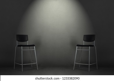 Two Black Chairs Isolated On Gray Background In The Studio With Copy Space. Job Interview Room.