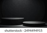 Two black circular podiums on a dark background