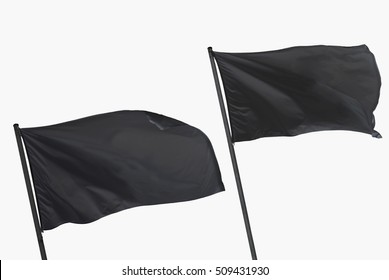 Two black flags waving Isolated over white.
