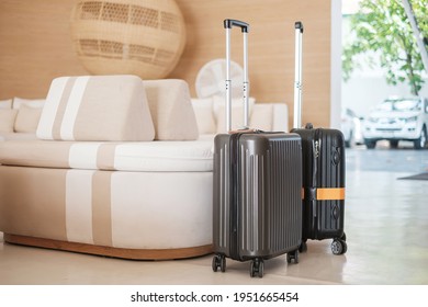 Two Black Luggage Bag Or Suitcase In Modern Hotel During Check In. Time To Travel, Service, Journey, Trip, Summer Holiday And Vacation Concepts