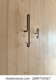 Two black modern wall hooks with geometric design mounted on a wooden wall. Minimalist interior shot highlighting clean lines, texture contrast, and stylish home decor.