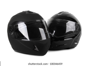 Two Black Motorcycle Helmets Isolated