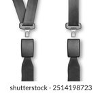 Two black seat belts with a silver buckle. The straps are attached to a seat belt isolated over a white background