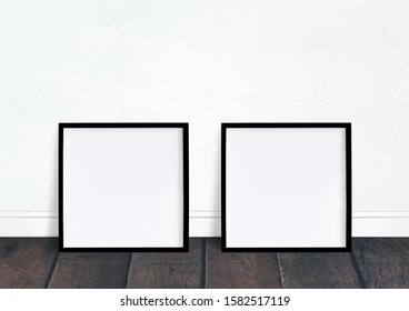 Two Black Square Frame Image Mockup. White Background And Black Desk.