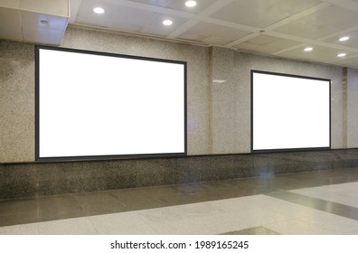 Two Blank Billboards Of Advertising Spaces On Textured Wall For Mock Up Purpose; OOH Digital Ad Placement Templates In Shopping Mall Or Underground Train Station; With Perspective