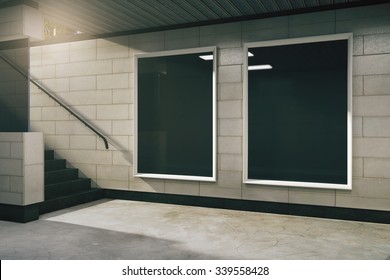 Two Blank Black Billboard In Subway, Mock Up 3D Render