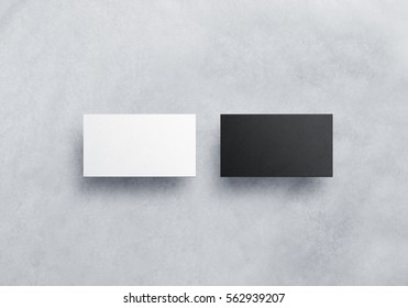 Two Blank Business Card Mockups Isolated On Grey Textured Background. Black And White Namecard Design Mock Up Presentation. Empty Horizontal Visiting Paper Sheets Template With Shadows.