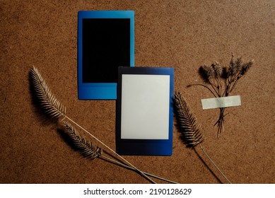 Two Blank Cards On Brown Background With Dry Flowers