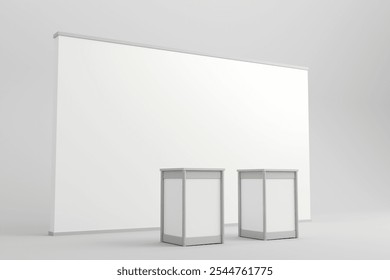 Two blank display counters set in front of a large white backdrop, suitable for customizable presentations, branding, and product displays at events or trade shows.