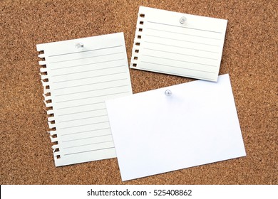 Two blank paper notes and a blank photograph on cork board