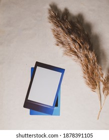 Two Blank photo frame with reed isolated on brown background as template for graphic designers cards, memories