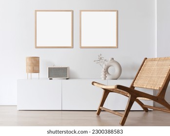 Two blank picture frame mockups on a wall. Square orientation. Artwork templates in interior design