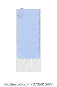 Two blank receipt papers layered together with torn and ripped edges, featuring a white base and soft baby blue paper clipped with a vintage silver paper clip.