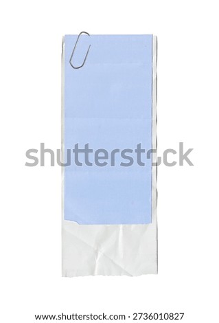 Two blank receipt papers layered together with torn and ripped edges, featuring a white base and soft baby blue paper clipped with a vintage silver paper clip.