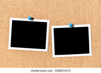 Two Blank Vintage instant photo frame pinned on corkboard. Template