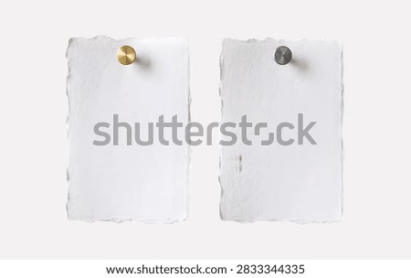 Two blank white paper notes pinned with thumbtacks on a white background paper note push pin memo pad torn message boar