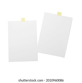 Two blank white paper sheets with yellow adhesive tape isolated on a clean white background, this image provides ample copy space for text or design elements