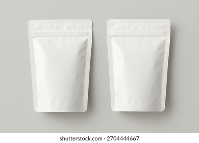 two blank white plastic packaging pouch mockup