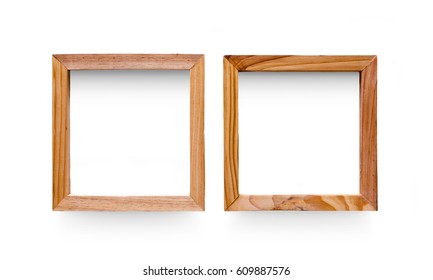 Two Blank Wooden Pattern Photo Frames With Copy Space On White Isolated Background, Top View, Template, Mockup