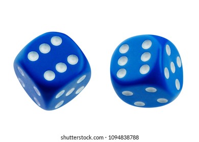 Two Blue Dice Rolling Isolated On White