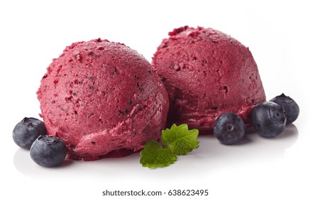 Two Blueberry Ice Cream Sorbet Balls Isolated On White Background