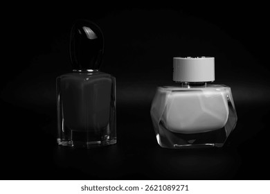 Two bottles are placed side by side. The left bottle has a tall, slender shape with a dark, glossy cap. The right bottle is shorter and wider, with a geometric pattern and a white glossy cap.