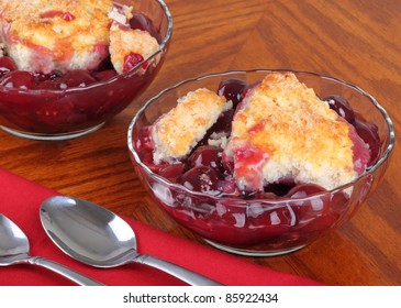 Two Bowls Of Cherry Fruit Cobbler Dessert