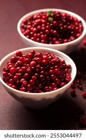 Two bowls of red lingonberries on burgundy background