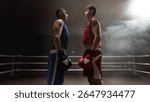Two boxers face off in 3D foggy boxing ring under dramatic lighting atmosphere. Concept of competitive spirit and tension in sports.