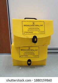 Two Boxes Of Expired Biohazard Spill Kit Ready To Dispose. This Kit Has Concentrated Disinfectant To Clean Potentially Infectious Materials Such As Blood. Selangor, Malaysia. September 2020