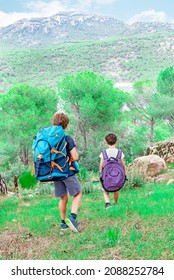 Two Boy Hikers Hiking In The Bush With Their Backpacks. Boy Scouts Hiking In The Forest