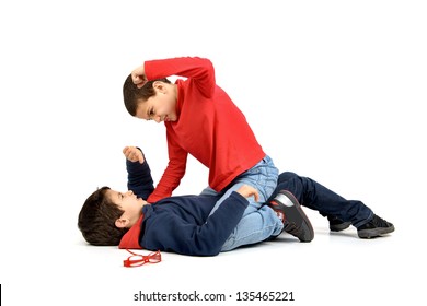 Two Boys Fighting Isolated In White