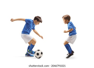Two Boys In Football Jersey Playing With A Ball Isolated On White Background