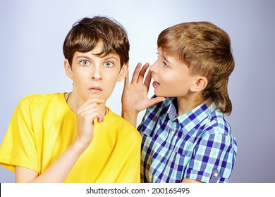 Two Boys Friends Talking With Each Other. Studio Shot. 