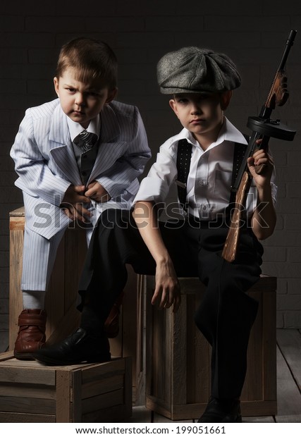 Two Boys Image Gangsters Guns Sitting Stock Photo Edit Now
