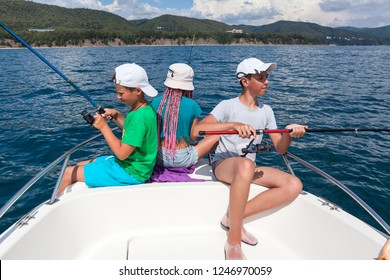 Two Boys And One Girl Have Fishing On A Sailboat, Deep-sea Fishing Trip