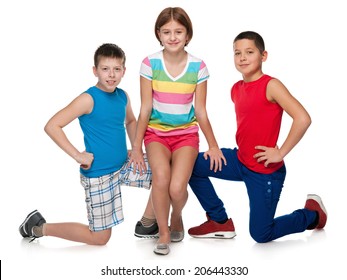 Two Boys And One Girl On The White Background