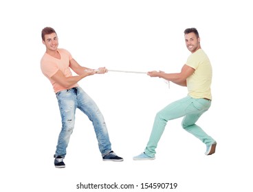 Two boys pulling a rope isolated on a white background - Powered by Shutterstock