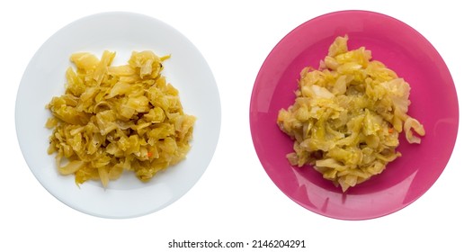 two braised cabbage in white adn pink  plate isolated on white background. braised cabbage top view .healthy food. veretian food