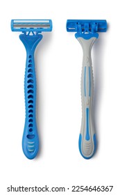 Two brand new blue and white disposable plastic razors with ergonomic handles - Shutterstock ID 2254646367