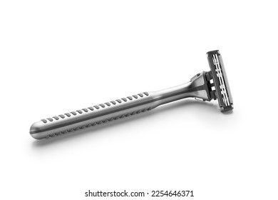 Two brand new silver and brown disposable plastic razors with ergonomic handles - Shutterstock ID 2254646371