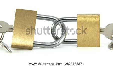 Two brass padlocks are securely interlinked by their shackles, with keys inserted, representing strong security and interconnectedness
