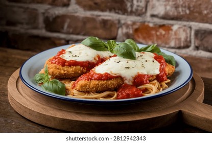 Two breaded chicken parmesan cutlets, topped with melted mozzarella, rich tomato sauce, and fresh basil, served over spaghetti on a plate, presented on a wooden board against a rustic brick wall.